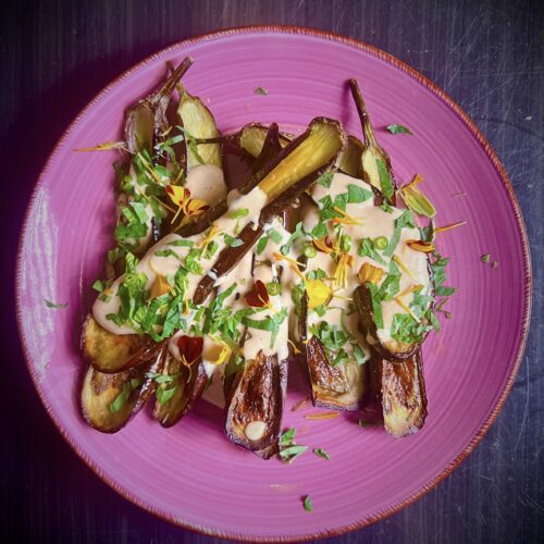 Roasted Eggplants With Laab Spiced Tahini & Yogurt Sauce