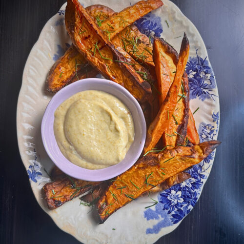 Roasted Sweet Potatoes with Green Curry Mayo Dip