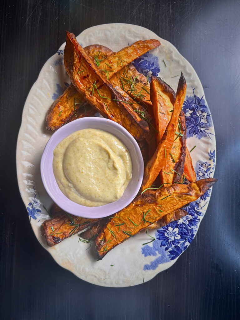 Roasted Sweet Potatoes with Green Curry Mayo Dip