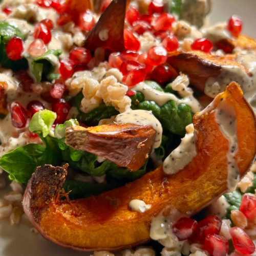Roasted Winter Squash, Farro, and Greens Salad with Poppy Seed Tahini Dressing