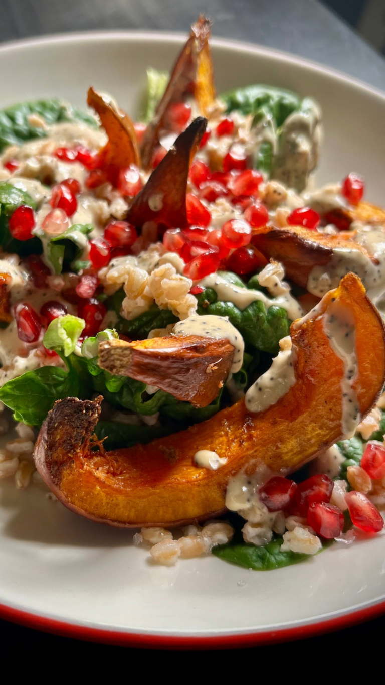 Roasted Winter Squash, Farro, and Greens Salad with Poppy Seed Tahini Dressing
