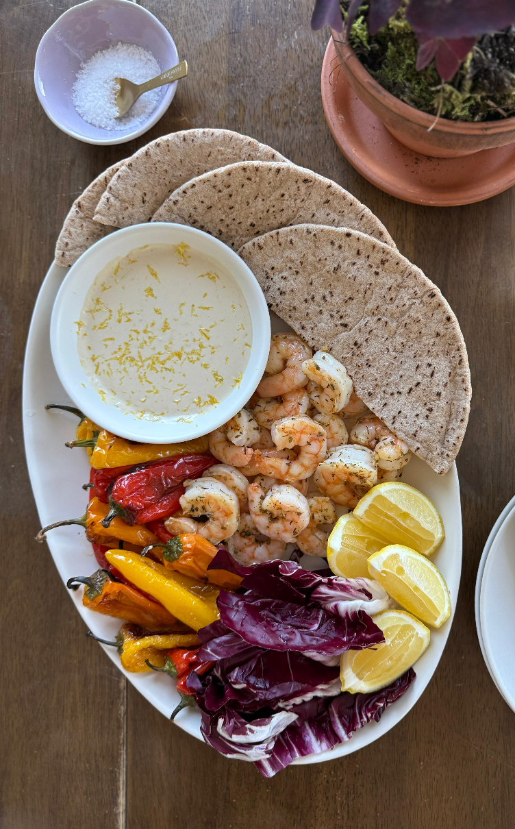 Roast Shrimp & Sweet Bell Pepper Pitas with Garlic Lemon Tahini